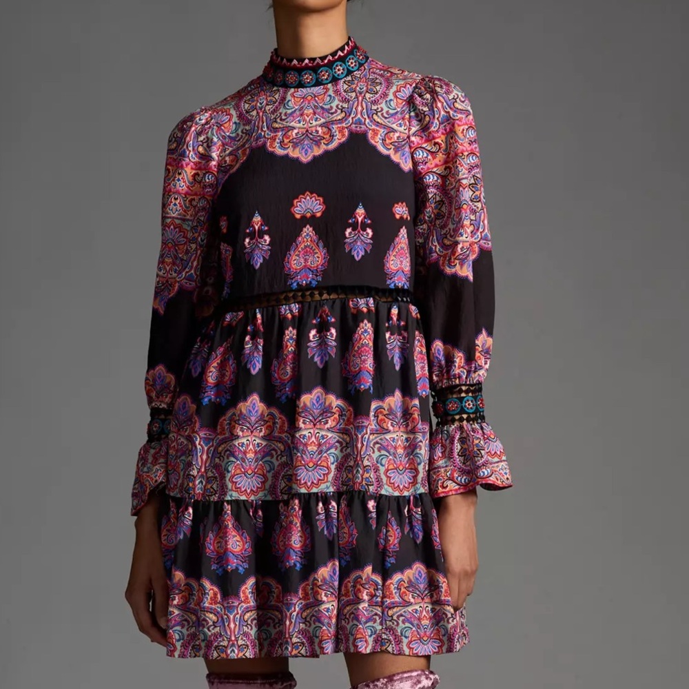 NWOT Anthropologie Tiered Beaded Paisley Dress Size 14 Made in India
